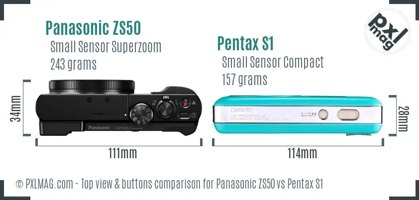 Panasonic ZS50 vs Pentax S1 top view buttons comparison