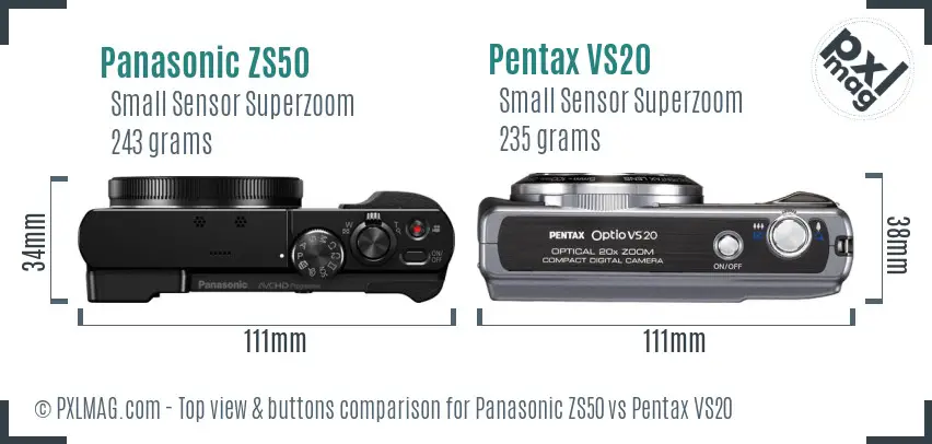 Panasonic ZS50 vs Pentax VS20 top view buttons comparison