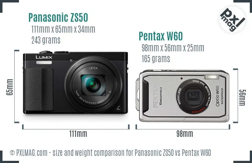 Panasonic ZS50 vs Pentax W60 size comparison