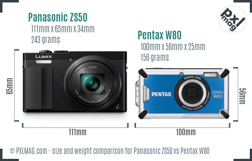 Panasonic ZS50 vs Pentax W80 size comparison