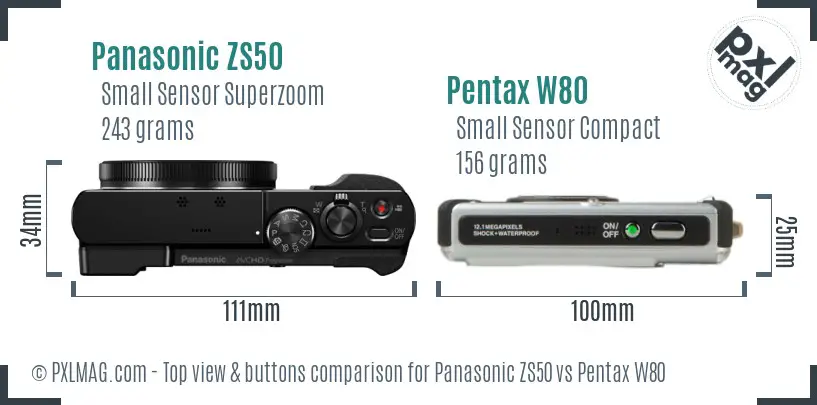 Panasonic ZS50 vs Pentax W80 top view buttons comparison