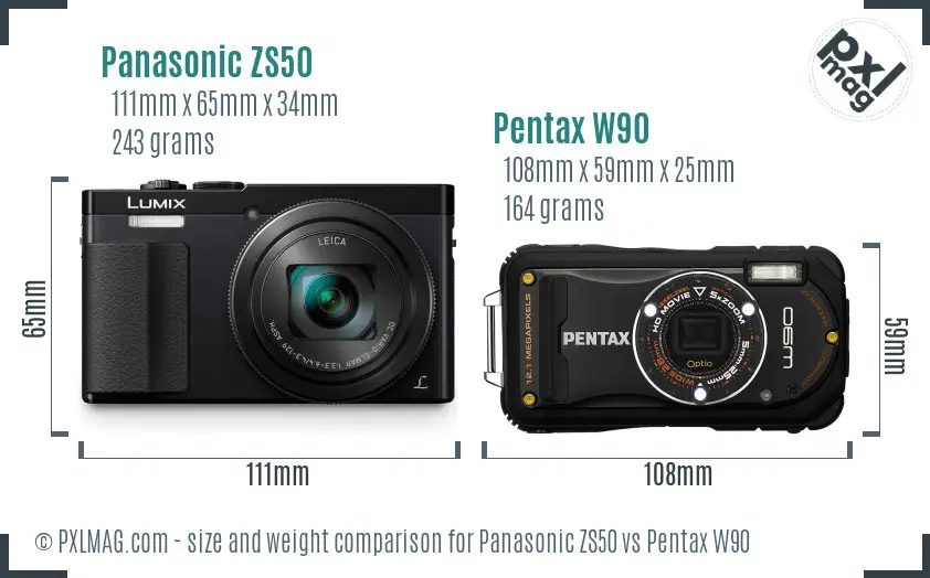 Panasonic ZS50 vs Pentax W90 size comparison