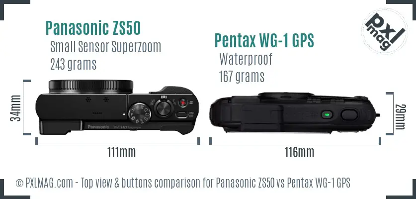 Panasonic ZS50 vs Pentax WG-1 GPS top view buttons comparison