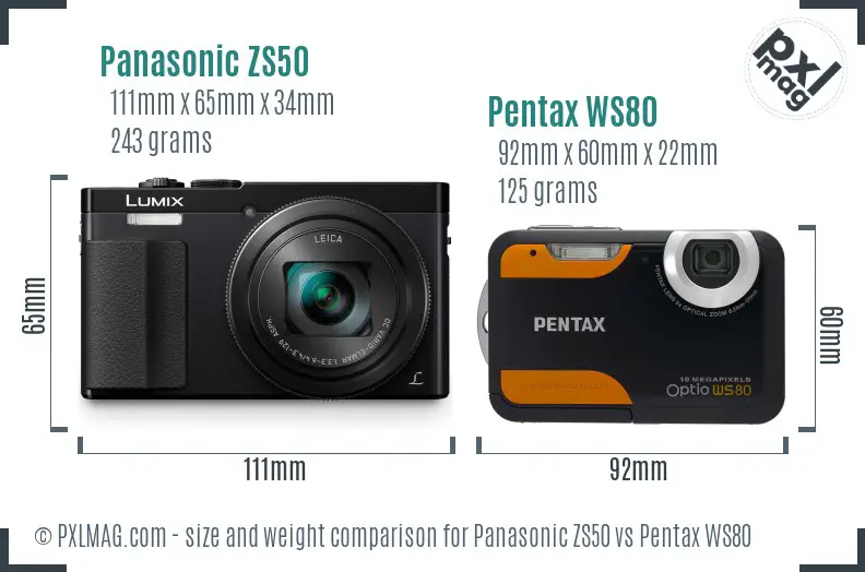 Panasonic ZS50 vs Pentax WS80 size comparison