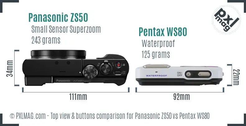 Panasonic ZS50 vs Pentax WS80 top view buttons comparison