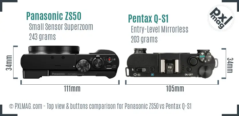 Panasonic ZS50 vs Pentax Q-S1 top view buttons comparison
