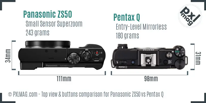 Panasonic ZS50 vs Pentax Q top view buttons comparison