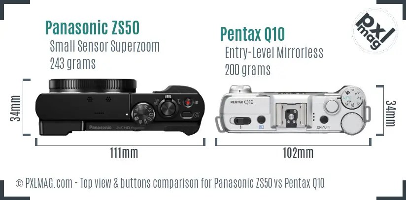 Panasonic ZS50 vs Pentax Q10 top view buttons comparison
