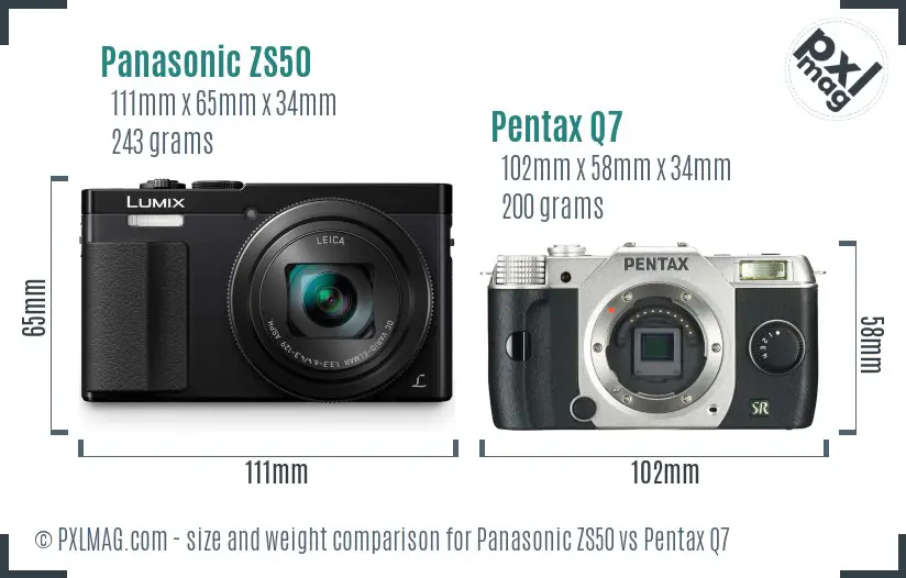 Panasonic ZS50 vs Pentax Q7 size comparison