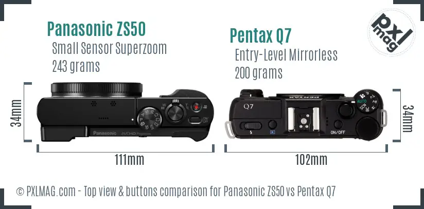 Panasonic ZS50 vs Pentax Q7 top view buttons comparison