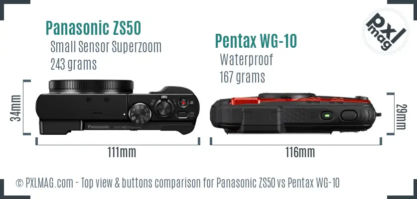 Panasonic ZS50 vs Pentax WG-10 top view buttons comparison