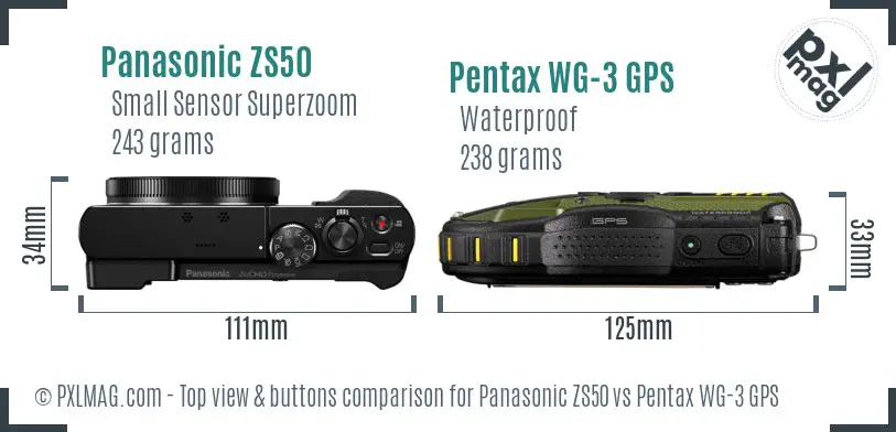 Panasonic ZS50 vs Pentax WG-3 GPS top view buttons comparison