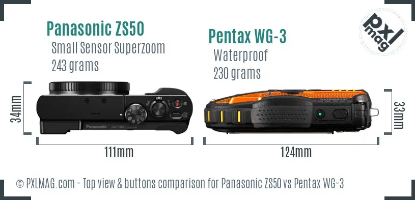 Panasonic ZS50 vs Pentax WG-3 top view buttons comparison