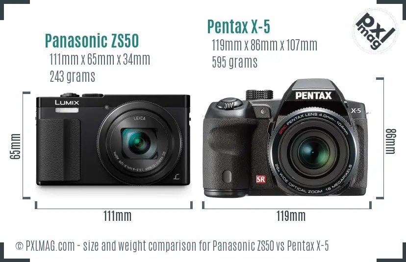 Panasonic ZS50 vs Pentax X-5 size comparison
