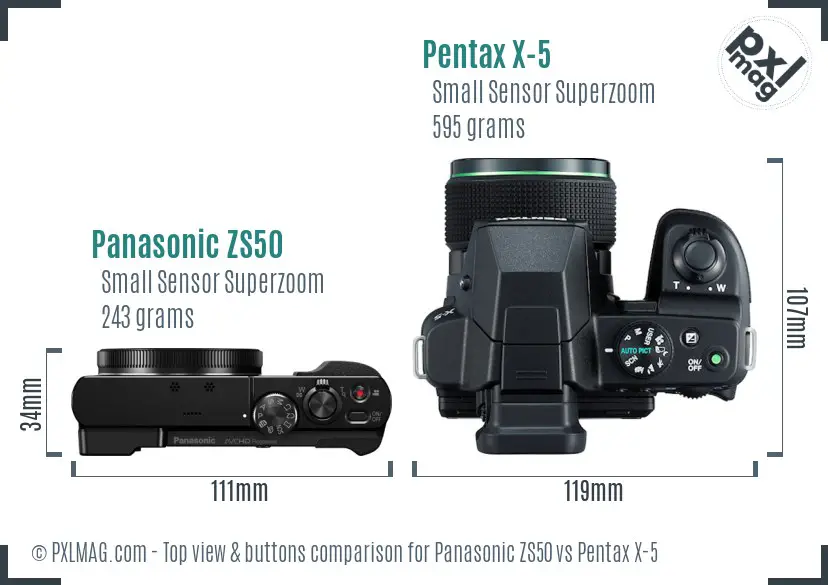 Panasonic ZS50 vs Pentax X-5 top view buttons comparison
