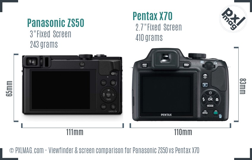 Panasonic ZS50 vs Pentax X70 Screen and Viewfinder comparison