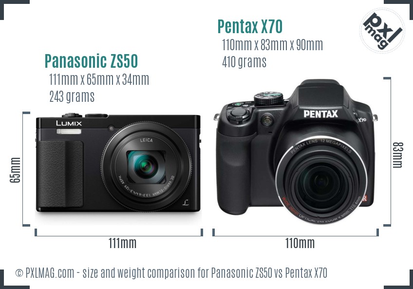 Panasonic ZS50 vs Pentax X70 size comparison