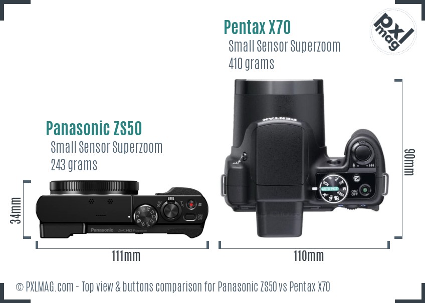 Panasonic ZS50 vs Pentax X70 top view buttons comparison