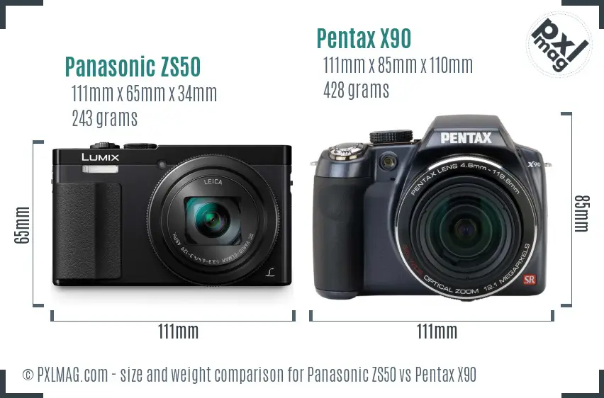 Panasonic ZS50 vs Pentax X90 size comparison