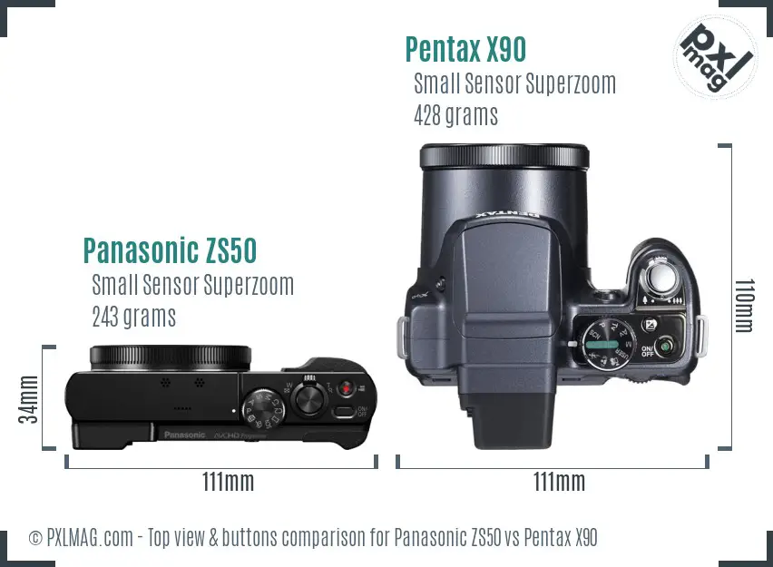 Panasonic ZS50 vs Pentax X90 top view buttons comparison
