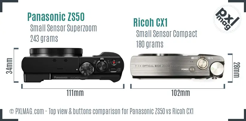 Panasonic ZS50 vs Ricoh CX1 top view buttons comparison