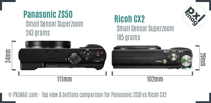 Panasonic ZS50 vs Ricoh CX2 top view buttons comparison Panasonic ZS50 vs Ricoh CX2 top view buttons comparison