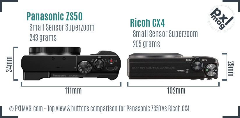Panasonic ZS50 vs Ricoh CX4 top view buttons comparison