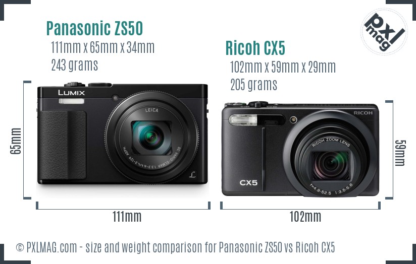 Panasonic ZS50 vs Ricoh CX5 size comparison
