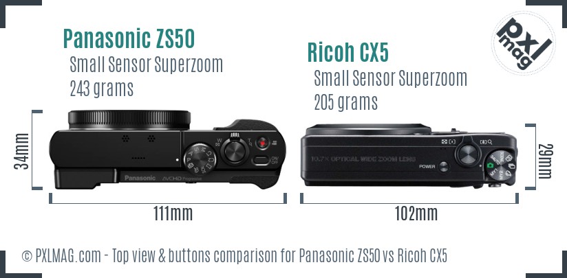 Panasonic ZS50 vs Ricoh CX5 top view buttons comparison