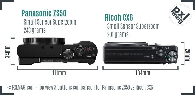 Panasonic ZS50 vs Ricoh CX6 top view buttons comparison