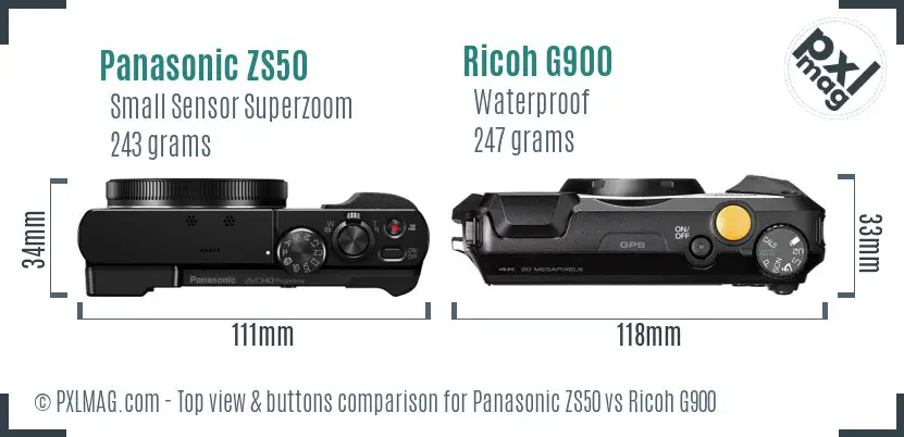 Panasonic ZS50 vs Ricoh G900 top view buttons comparison