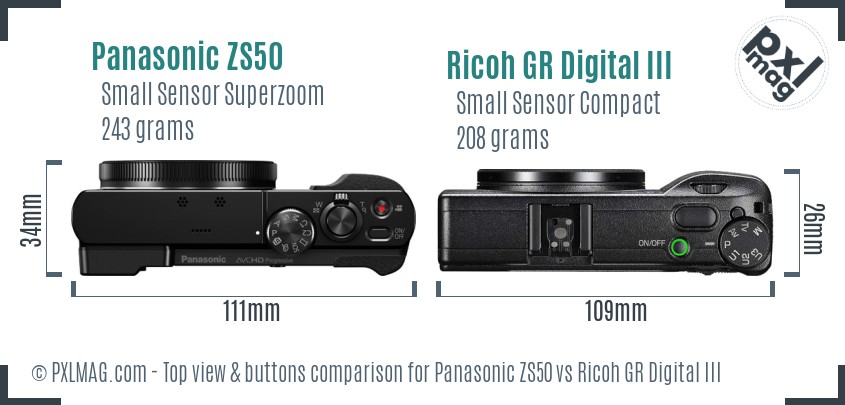 Panasonic ZS50 vs Ricoh GR Digital III top view buttons comparison