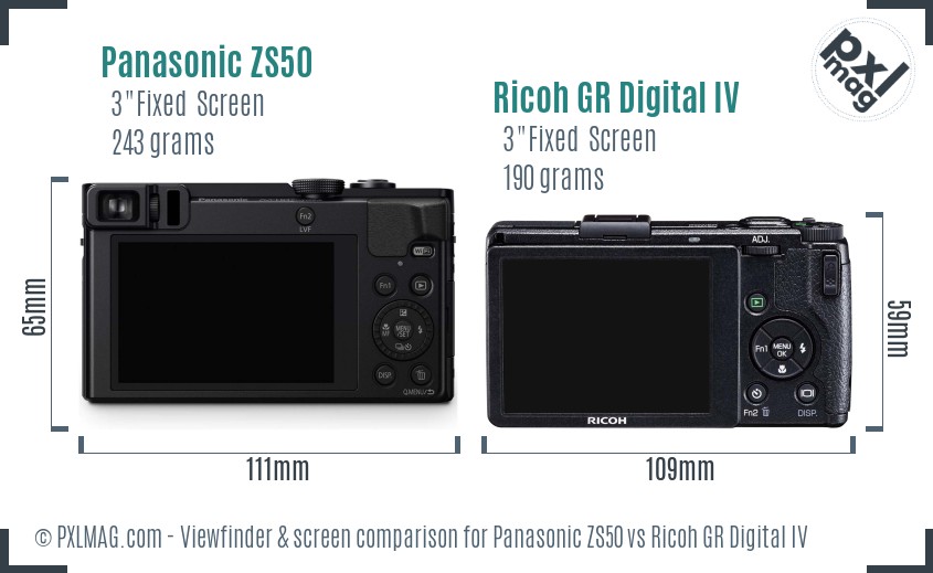 Panasonic ZS50 vs Ricoh GR Digital IV Screen and Viewfinder comparison