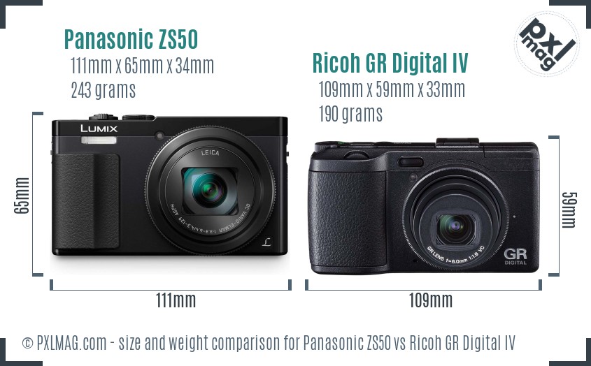 Panasonic ZS50 vs Ricoh GR Digital IV size comparison