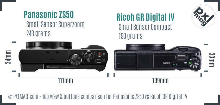 Panasonic ZS50 vs Ricoh GR Digital IV top view buttons comparison