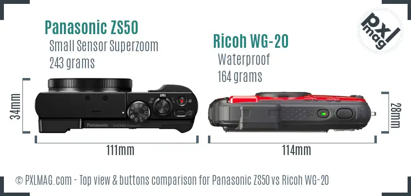Panasonic ZS50 vs Ricoh WG-20 top view buttons comparison