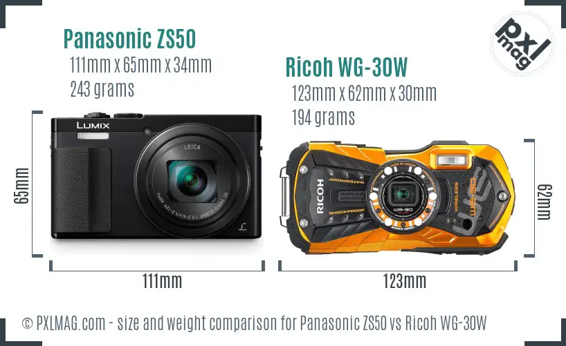 Panasonic ZS50 vs Ricoh WG-30W size comparison