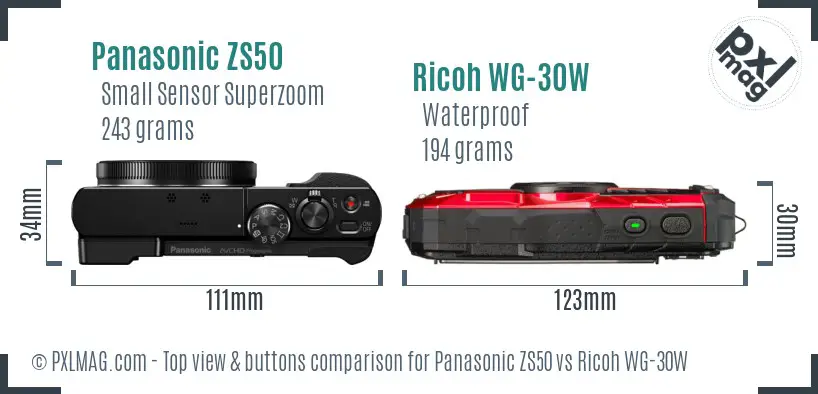 Panasonic ZS50 vs Ricoh WG-30W top view buttons comparison