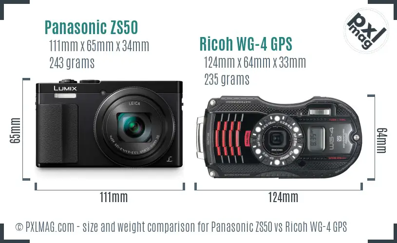 Panasonic ZS50 vs Ricoh WG-4 GPS size comparison