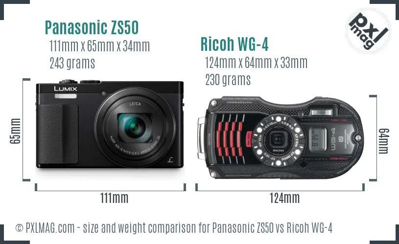 Panasonic ZS50 vs Ricoh WG-4 size comparison