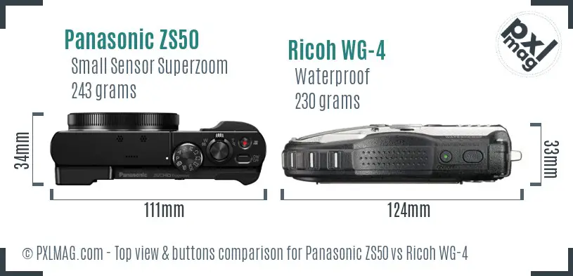 Panasonic ZS50 vs Ricoh WG-4 top view buttons comparison