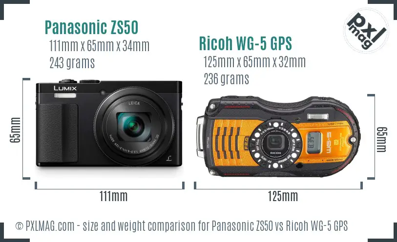 Panasonic ZS50 vs Ricoh WG-5 GPS size comparison