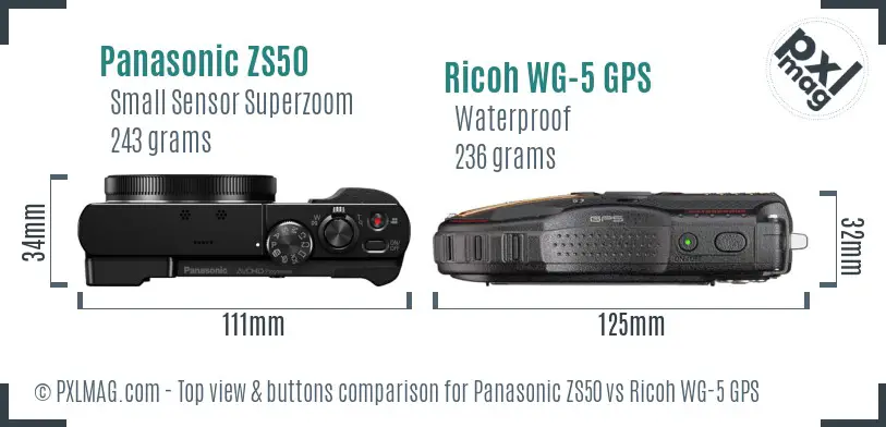 Panasonic ZS50 vs Ricoh WG-5 GPS top view buttons comparison