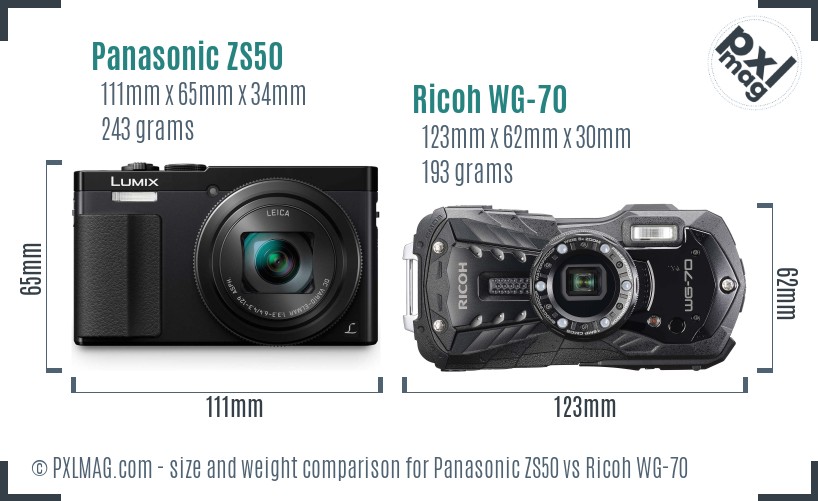 Panasonic ZS50 vs Ricoh WG-70 size comparison