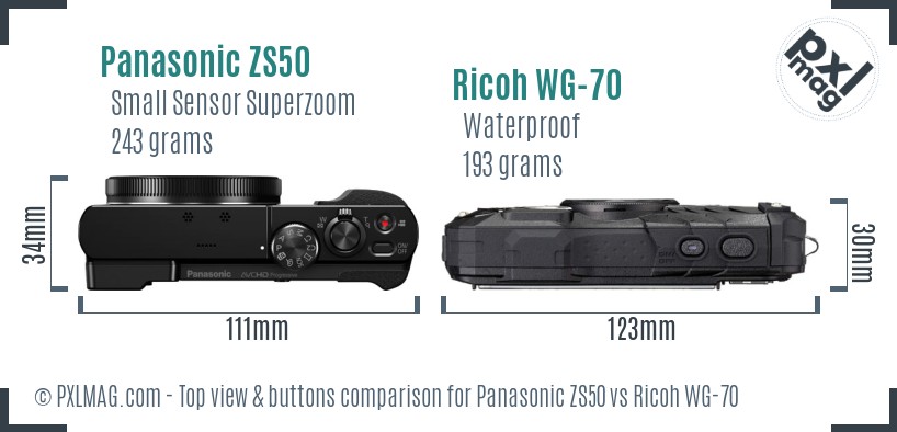 Panasonic ZS50 vs Ricoh WG-70 top view buttons comparison