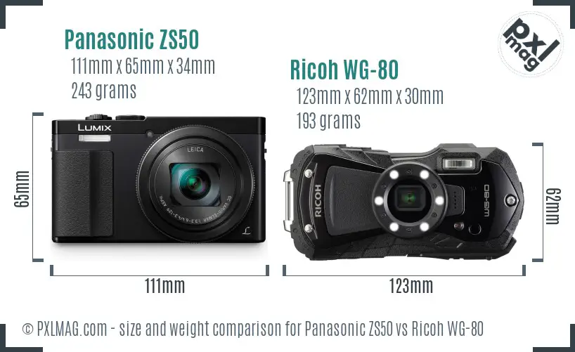 Panasonic ZS50 vs Ricoh WG-80 size comparison