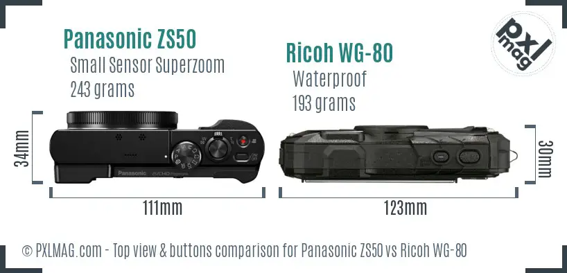 Panasonic ZS50 vs Ricoh WG-80 top view buttons comparison