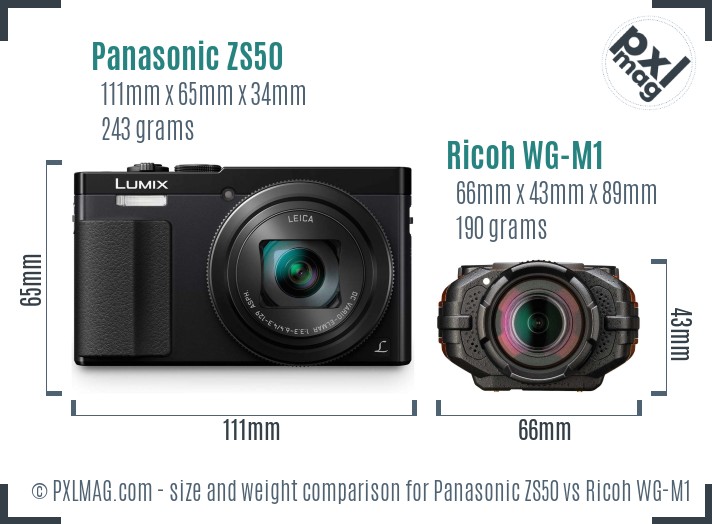 Panasonic ZS50 vs Ricoh WG-M1 size comparison