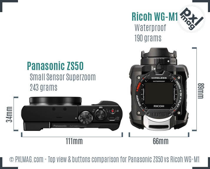 Panasonic ZS50 vs Ricoh WG-M1 top view buttons comparison
