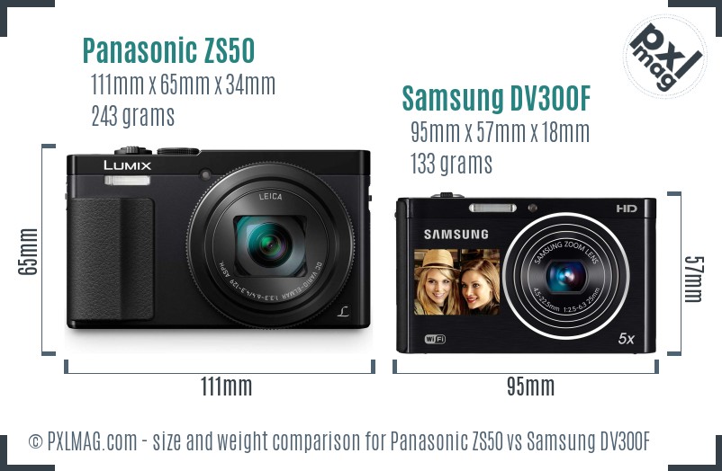 Panasonic ZS50 vs Samsung DV300F size comparison
